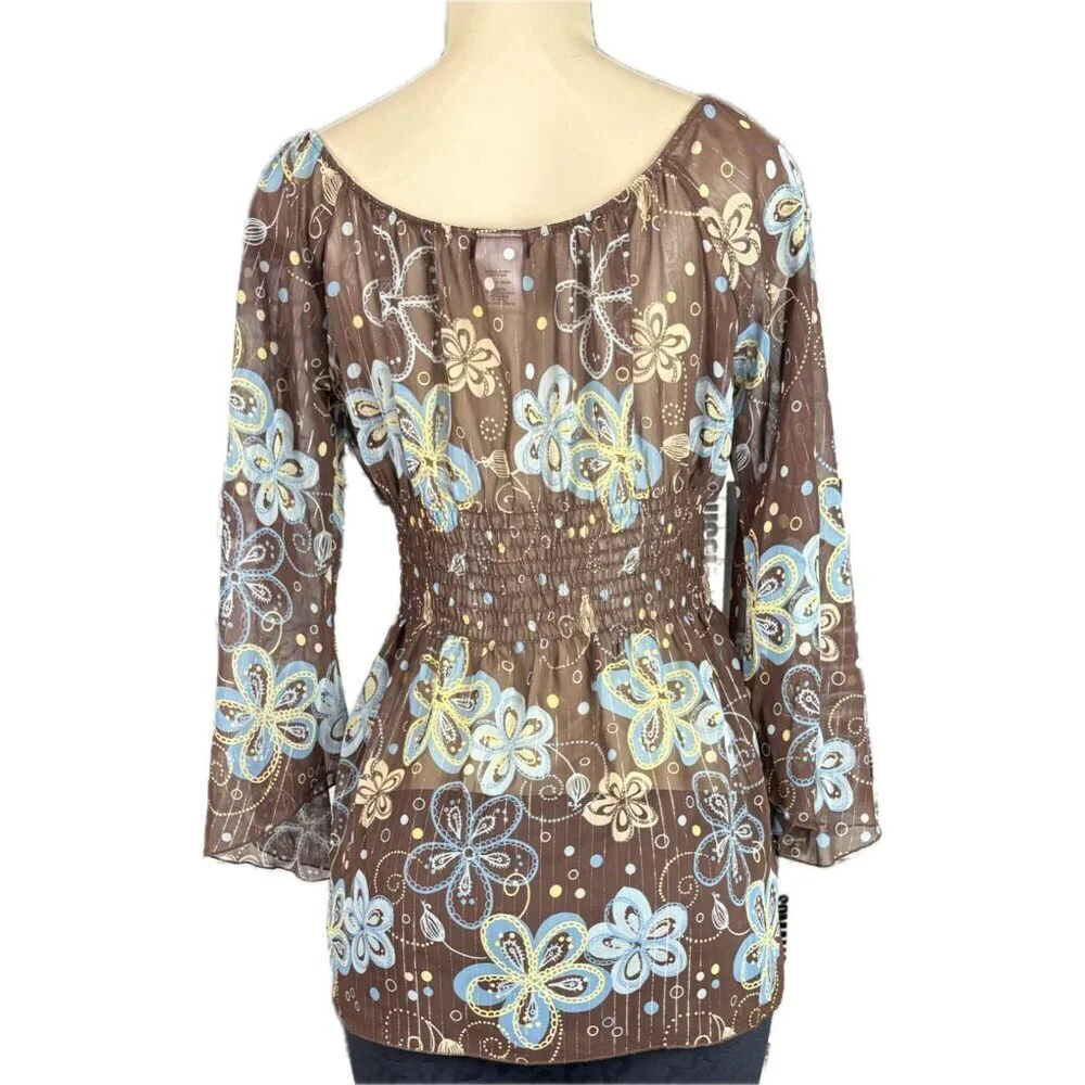 Jordache M Jrs Sheer Brown Floral Shirred Waist 3/4 Sleeve On/Off Shoulder Top - Picture 4 of 6